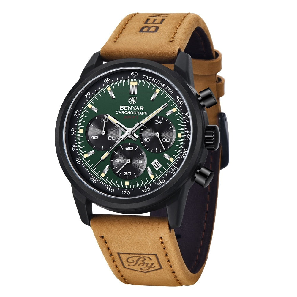 42mm - relogiosbenyar - 3 ATM, aço inoxidável, Benyar, BY-5188, couro, Cronógrafo, promo, pulseira de couro, QUARTZ, Relogio, Relógio Masculino - relogiosbenyar.com.br